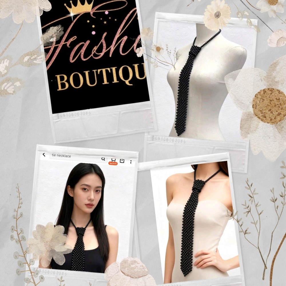 Black Beaded Tie Necklace